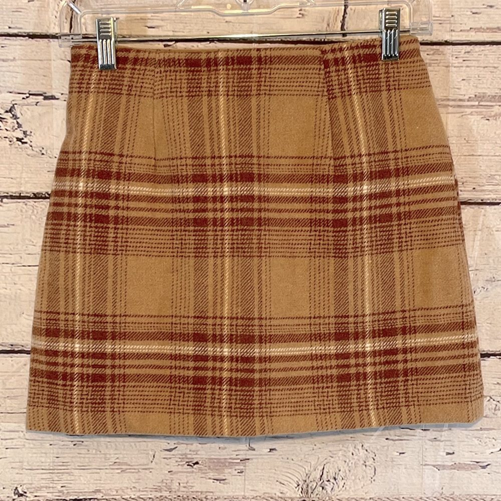 FOREVER 21 Mini Skirt Wool Blend Plaid Tan/Rust-XS